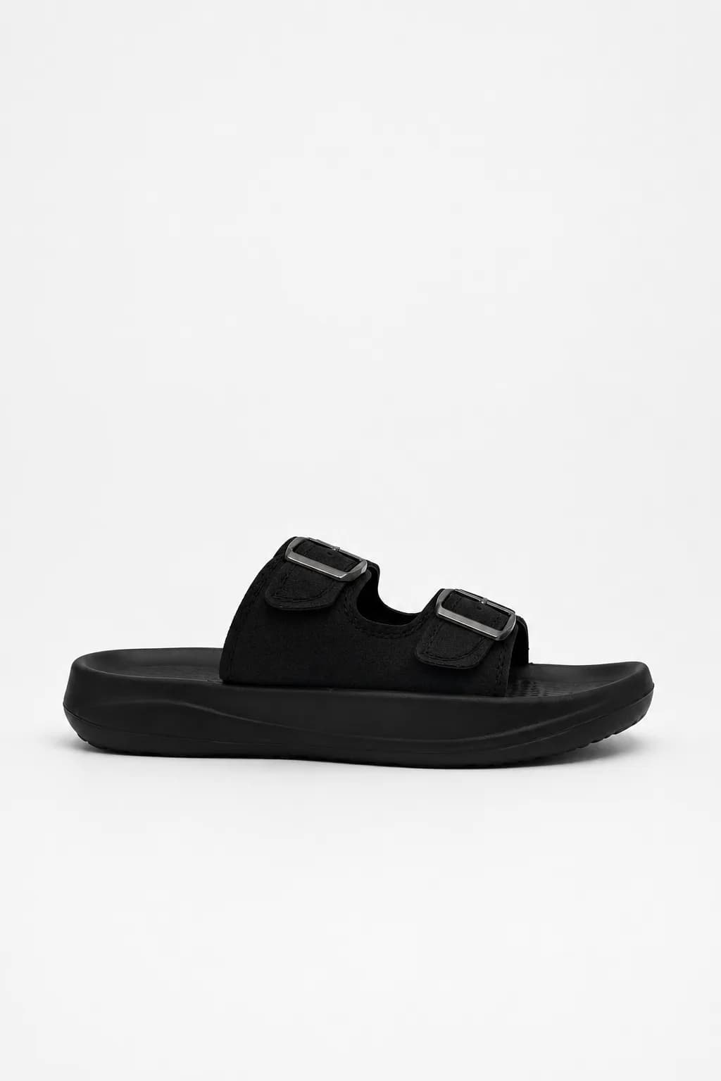 Black Double-Buckle Comfort Slide Sandal