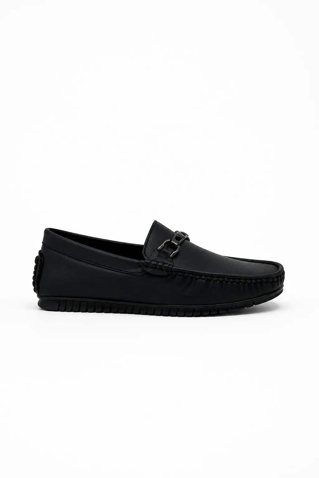 Black Buckle Moc-Toe Slip-On Loafer
