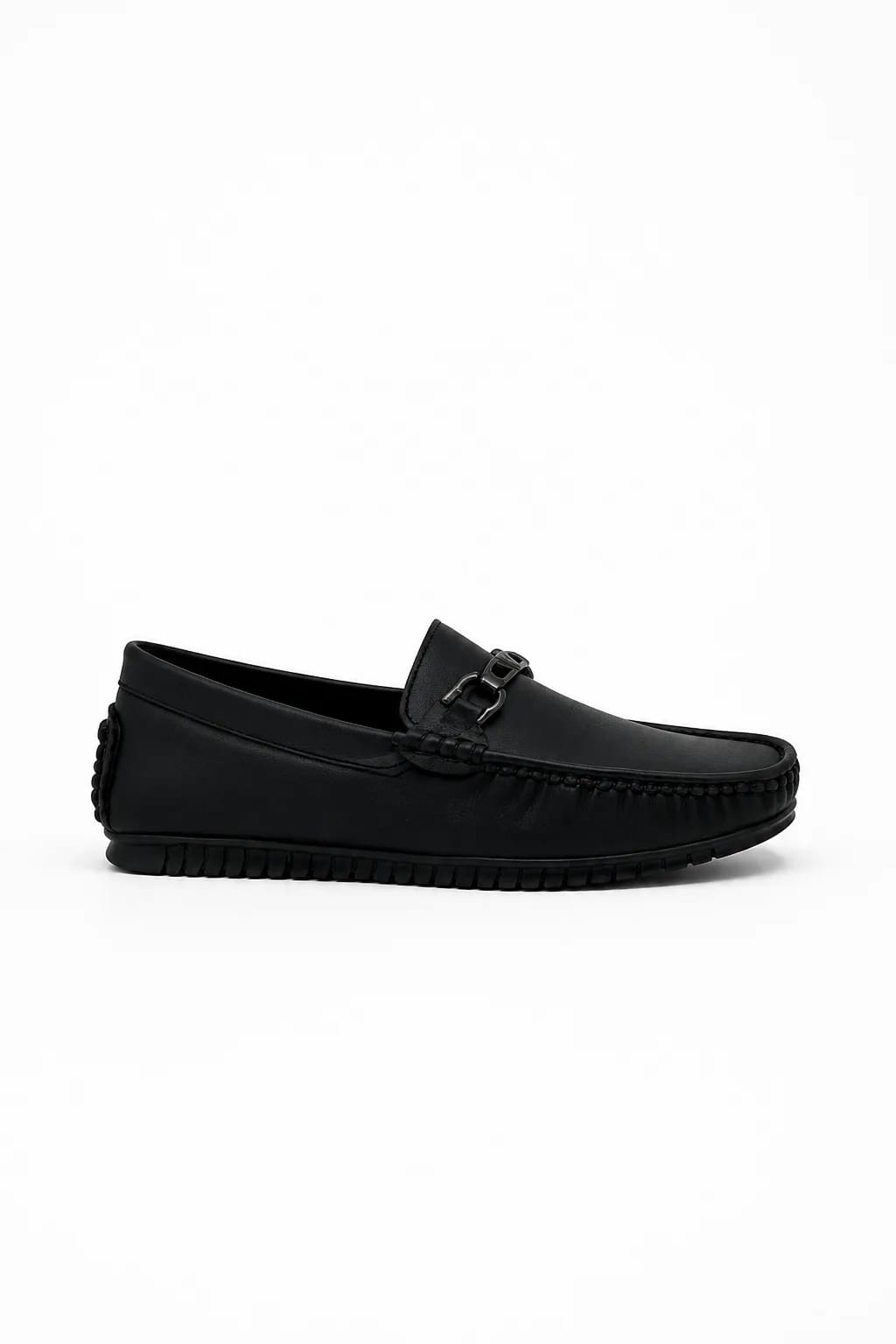 Black Buckle Moc-Toe Slip-On Loafer