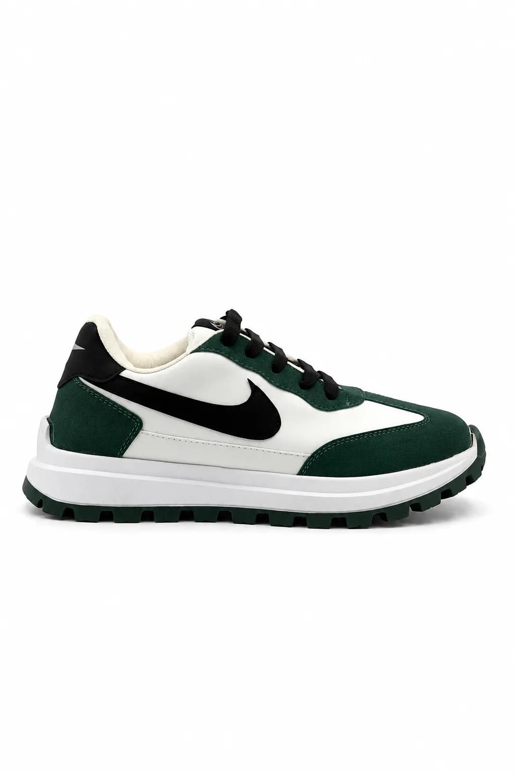 White & Forest Green Lug-Sole Sneaker