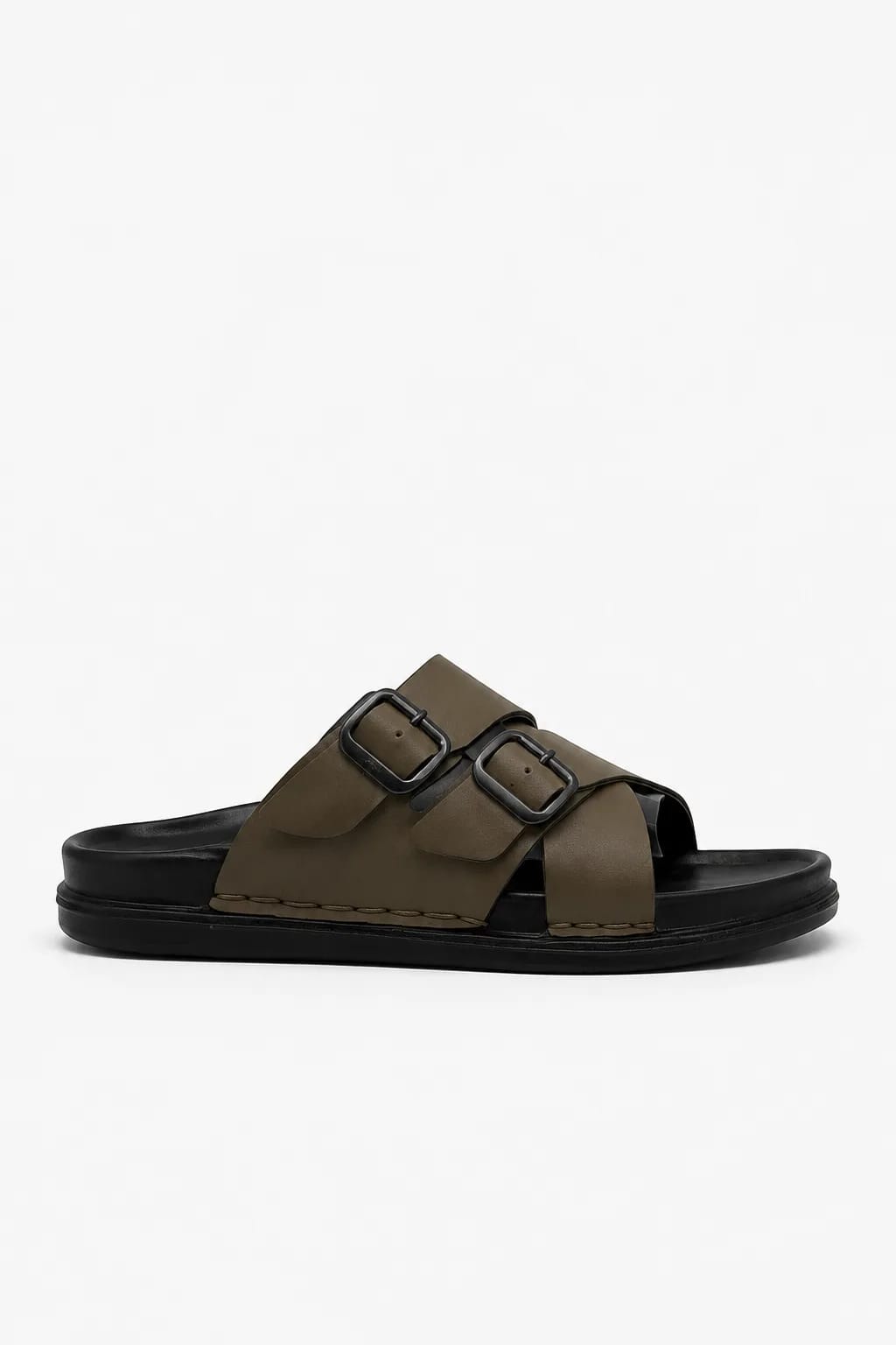 Taupe Double-Buckle Slip-On Sandal