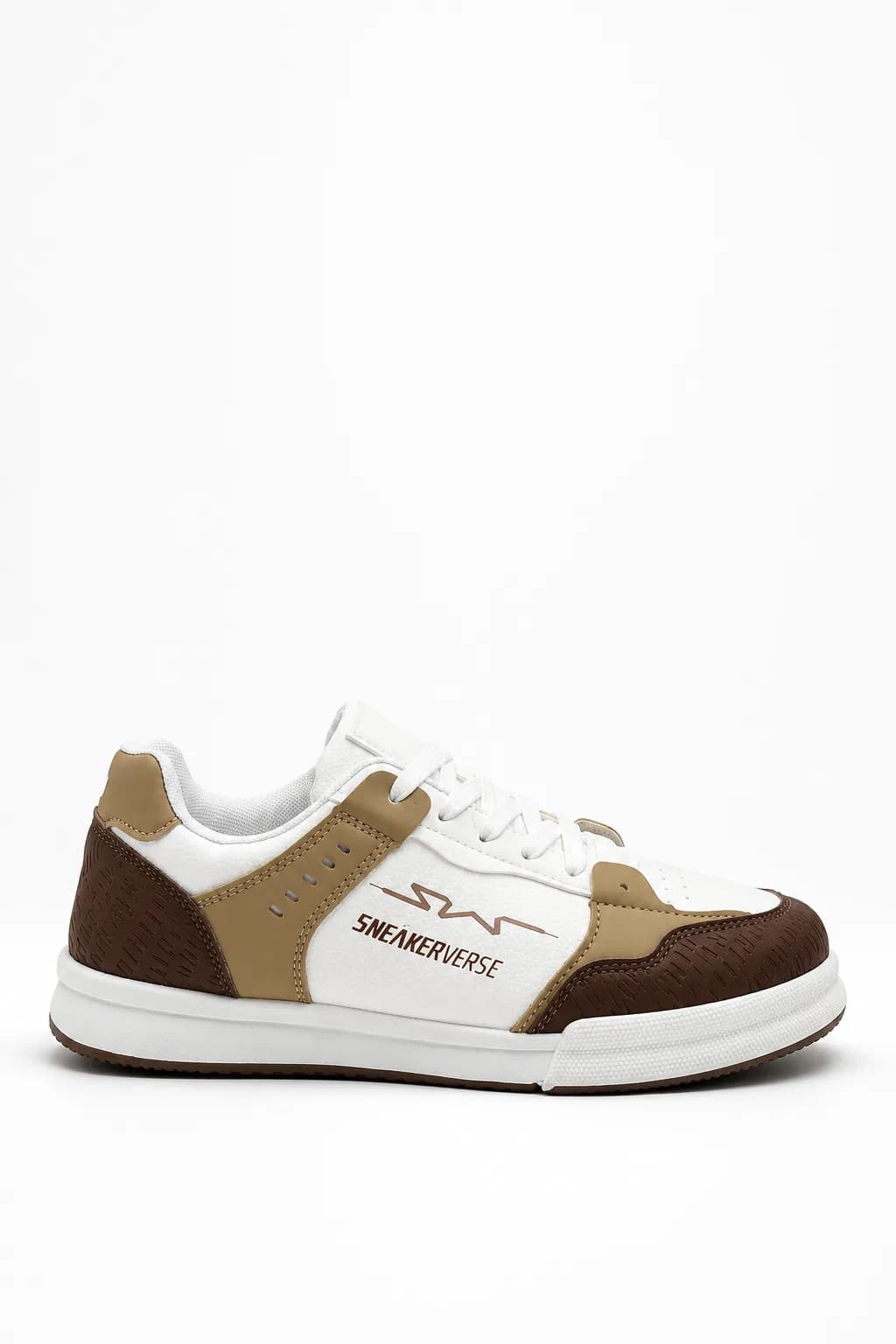 White and Brown Contrast Low-Top Sneaker